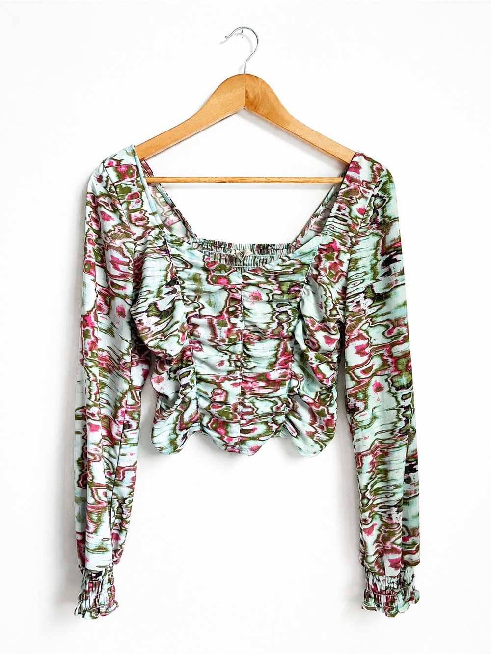 Open Edit Ruched Smocked Long Sleeve Top Abstract Blue Green Pink